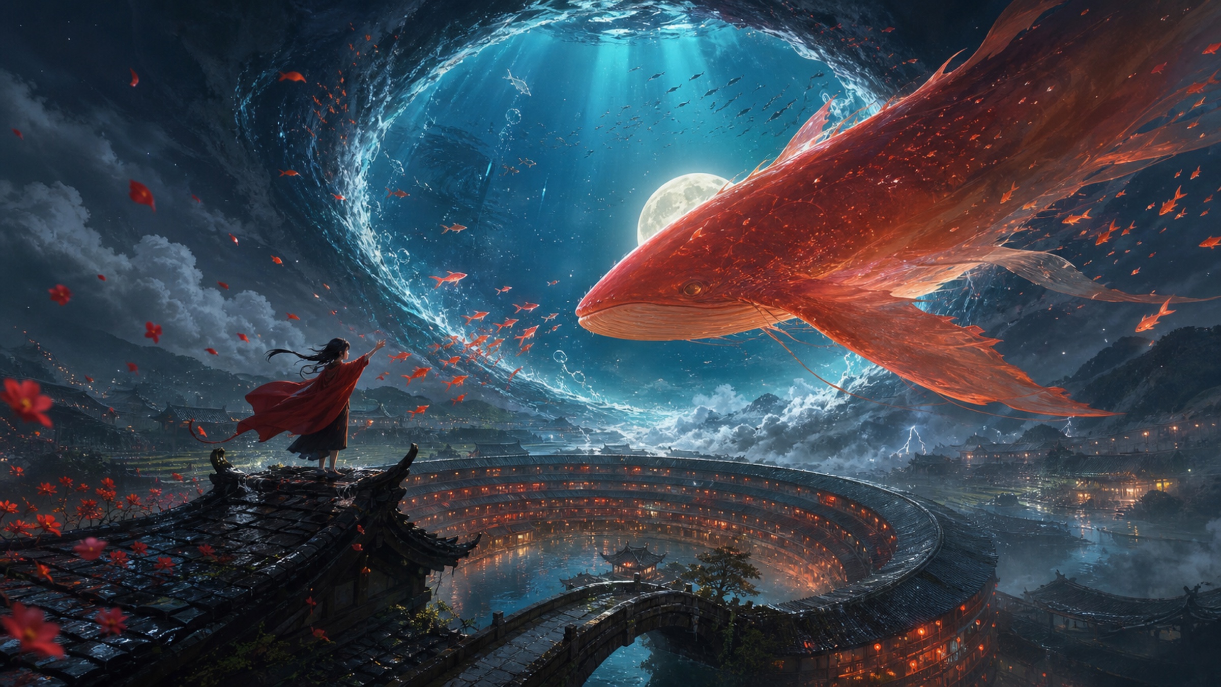 庄静怡《海天之门》关键画面：红衣少女站在土楼屋脊，面对穿过海天之门的巨大红色鲲